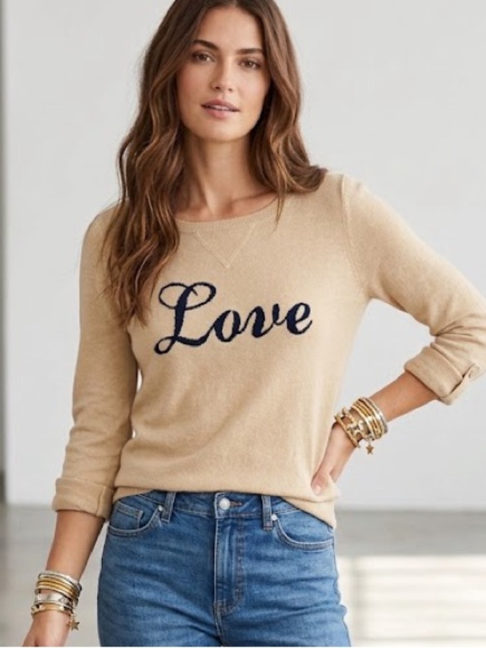 LOFT Cream Knit Sweater Navy 'Love' Valentines